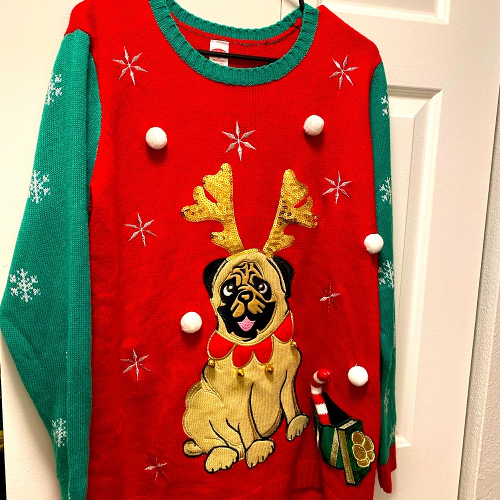 Holiday Time Ugly Christmas Sweater Bull Dog With Antlers & Jingle Bells SZ XXL
